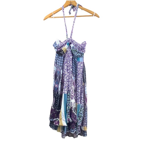 Trés Chic Bohemian Multi-Pattern Halter Midi Dress Patchwork Flounce Sundress S - Picture 6 of 16